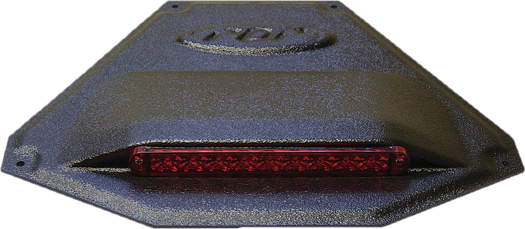Black and red LED taillight with housing, universal fit, by PDP, showing the illumination and sleek design.