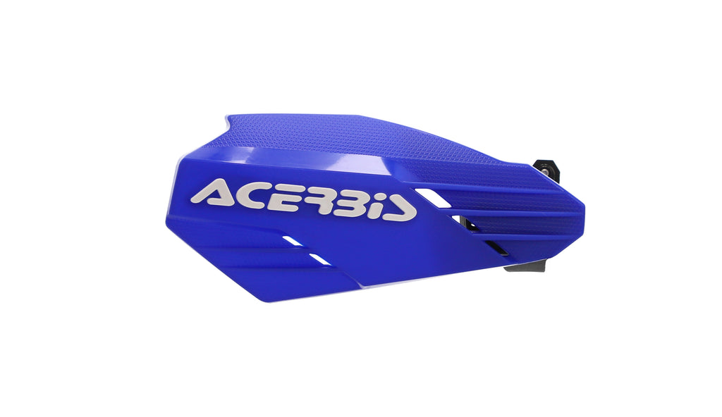 Acerbis K-Linear blue and white handguard for Yamaha motorcycles, showing the protective plastic shield and mounting hardware.