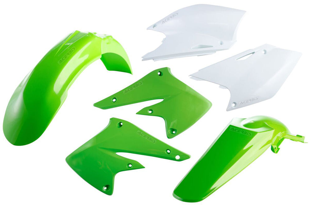 Acerbis Green Plastic Kit for street motorcycles, includes various body panels and fairings with brand logo visible.