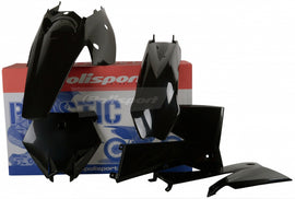 Polisport Plastics black plastic body kit for motorcycles, designed for durability and a sleek appearance.
