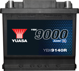 Yuasa Ybx9140r AGM spill-proof battery, automotive use, compact design, black case with labels visible.
