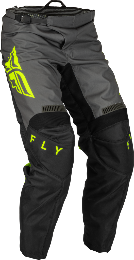 Fly Racing F-16 motocross pants in black, grey, and hi-vis with size 34, featuring durable fabric and padded knee protection.