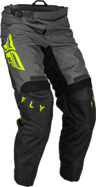 Fly Racing F-16 motocross pants in black, grey, and hi-vis with size 34, featuring durable fabric and padded knee protection.