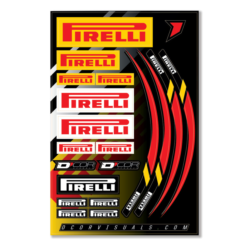 DCOR 12 Mil Pirelli decal sheet displaying various Pirelli graphics and logos for vehicle customization.