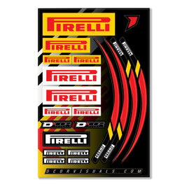 DCOR 12 Mil Pirelli decal sheet displaying various Pirelli graphics and logos for vehicle customization.