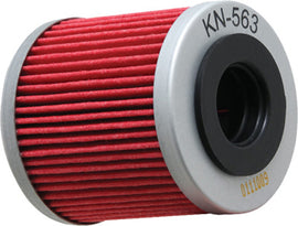 K&N Oil Filter 56-0563, a cylindrical automotive oil filter with black rubber seals and metal casing, designed for engine protection.