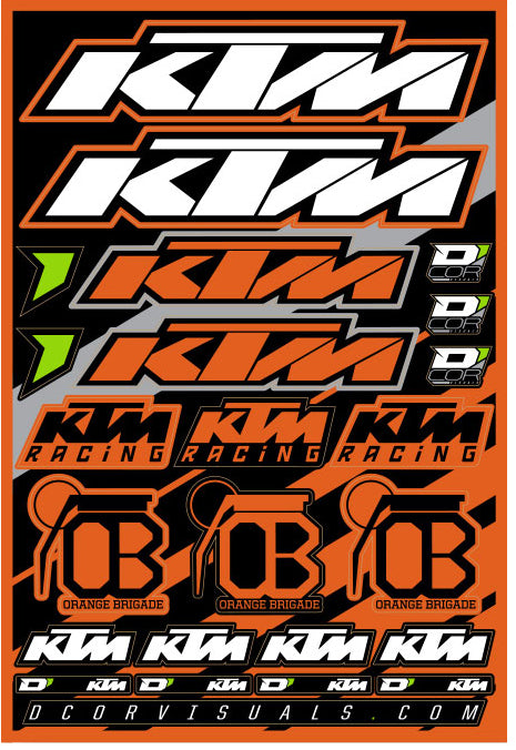 DCOR KTM decal sheet featuring graphic stickers and decals for motorcycle customization, with vibrant colors and detailed designs.