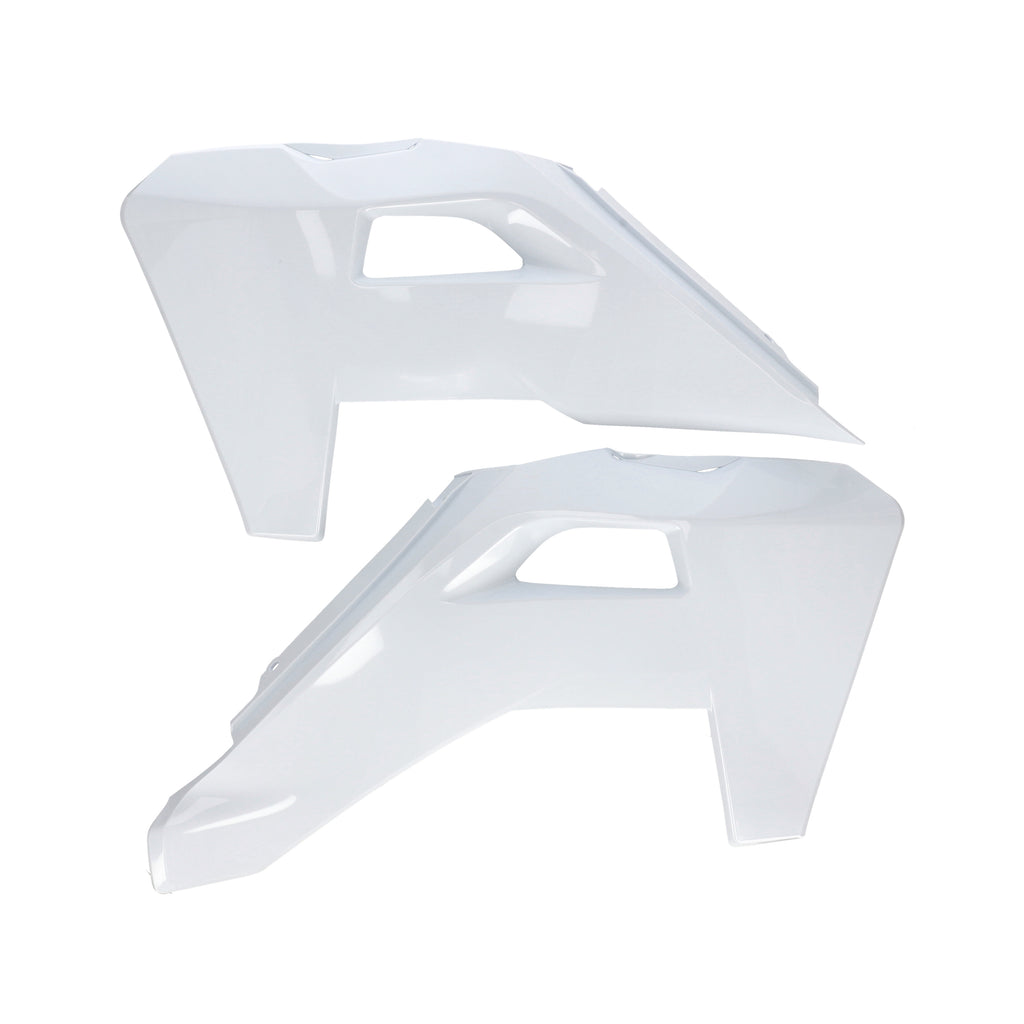 Acerbis white radiator shroud for Hus motorcycle, body part with vent openings, designed for cooling and protection.