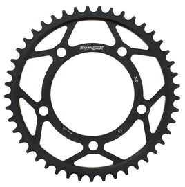 Supersprox steel rear sprocket 45-tooth for 530 chain, black honed finish, motorcycle sprocket with durable metal construction.