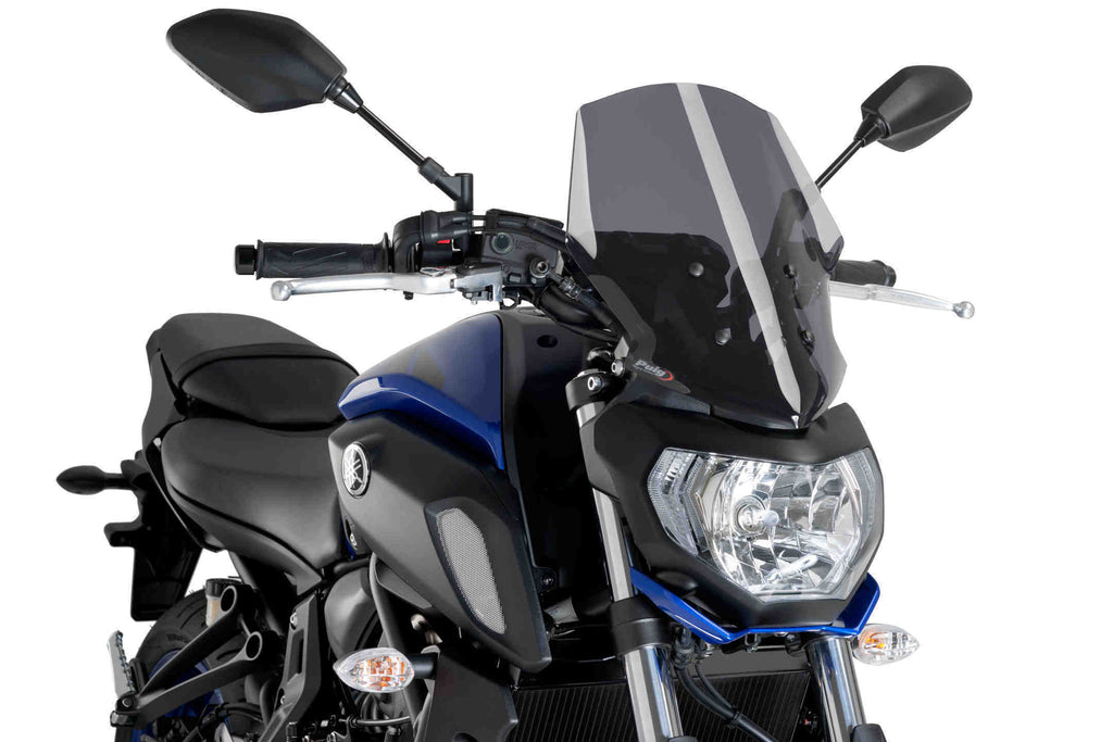 PUIG dark smoke touring windscreen for Naked New Gen Yamaha motorcycle, clear view and aerodynamic design.