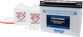 Fire Power 12V heavy-duty battery CB16AL-A2 with acid, shown with terminals and label for automotive or backup power use.
