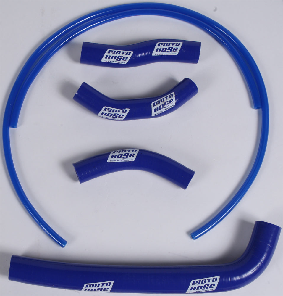 Blue Moto Hose silicone engine hose kit with multiple curved and straight hoses, designed for automotive engine cooling and performance.