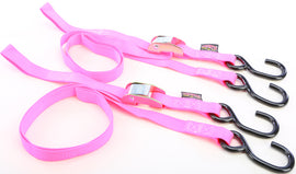 Pair of pink Powertye tie-down cam S-hooks, 1 inch by 5.5 feet, used for securing cargo or straps in transportation.