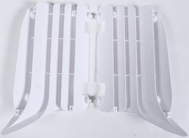 Polisport Plastics white radiator louvers for off-road vehicles, model 64-56501, shown on a vehicle radiator.