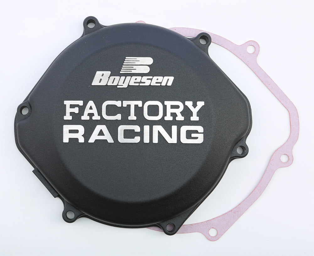 Boyesen Factory Racing Clutch Cover in black for motorcycles, featuring a sleek design and durable construction.