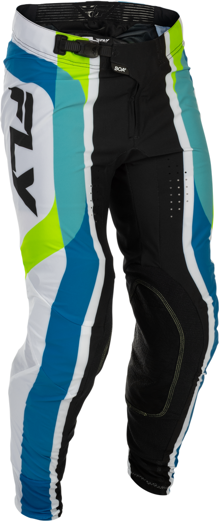 Fly Racing Lite Le Current motocross pants in white, lime, and blue with size 28, featuring durable fabric and sporty design.
