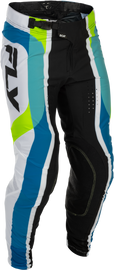 Fly Racing Lite Le Current motocross pants in white, lime, and blue with size 28, featuring durable fabric and sporty design.