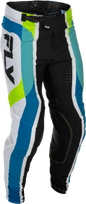 Fly Racing Lite Le Current motocross pants in white, lime, and blue with size 28, featuring durable fabric and sporty design.