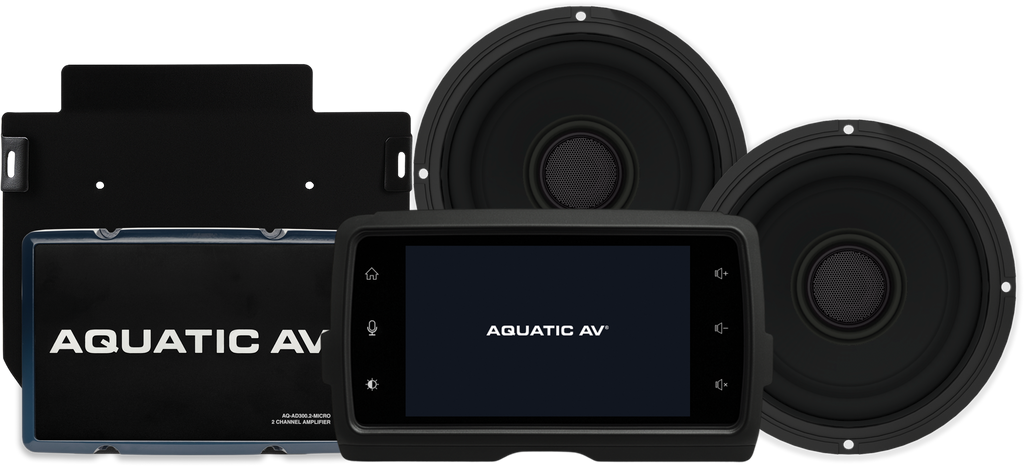 Aquatic AV Ultra Harley Package Flht 14-23 audio and communication system installed on Harley Davidson motorcycle.