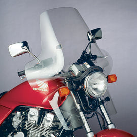 Clear Plexifairing 3 windshield for motorcycles by National Cycle, 1-inch size, shown with mounting hardware.