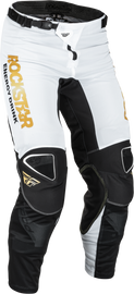 Fly Racing Kinetic Rockstar Mesh Pants in white, black, and gold, size 34, with breathable mesh design and sporty style.