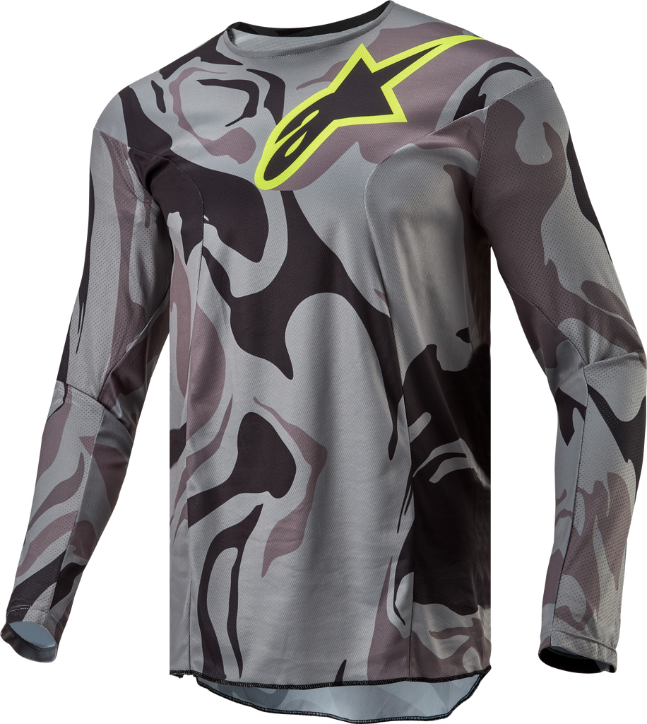 Alpine Star Racer Tactical Jersey in grey, camo and magnet colors, featuring a fitted design with tactical branding and fabric details.