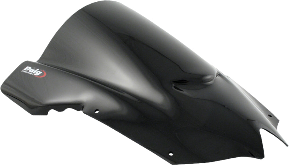 PUIG Racing Black Windshield for motorcycle, aerodynamic windscreen in black with mounting hardware visible.