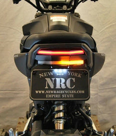 New Rage Cycles Fender Eliminator body for HON 565-0062 motorcycle, showing the sleek black design with mounting components.