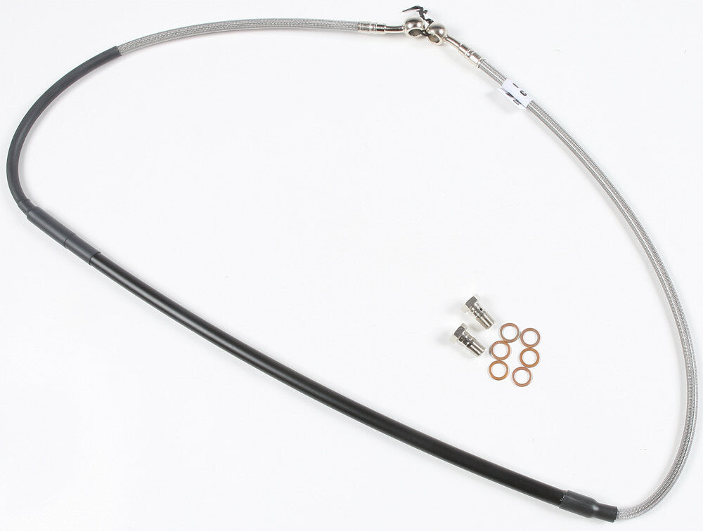 GBRAKES steel front brake line for Suzuki motorcycles, showcasing the durable metal brake hose with fittings and mounting points.