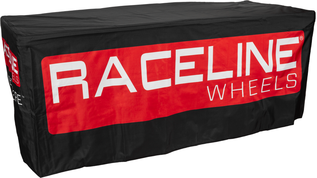 Raceline 6 ft table cover with logo and design, made of durable fabric, designed for promotional use on conference or event tables.