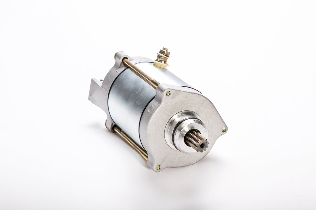 Ricks Motorsport Electric starter motor 27-61105, a compact black starter with mounting bracket for motorcycle engines.