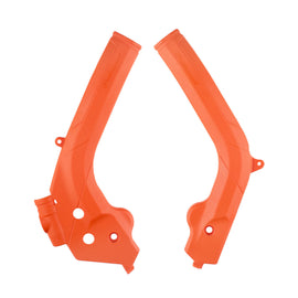 Polisport Plastics orange frame protector for motorcycle body, durable plastic shield with branding and mounting features.