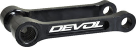 Devol suspension lowering link 60-6830, metal automotive part, shown in close-up with mounting holes and detailed finish.