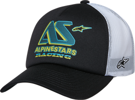 Alpine Star Ayess Trucker Hat in black and white with mesh back and adjustable snap closure, casual outdoor headwear.
