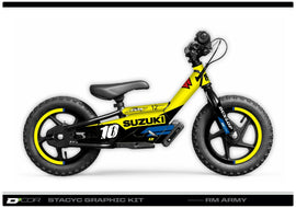 DCOR Stacyc 16-inch brushless graphics and decals kit with colorful stickers and designs for Stacyc 16-inch electric bikes.