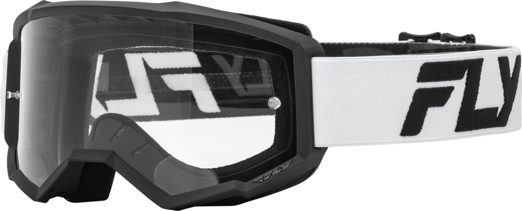 Fly Racing Focus goggle with white and black frame and clear lens, designed for motocross or off-road riding.