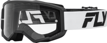 Load image into Gallery viewer, Fly Racing Focus goggle with white and black frame and clear lens, designed for motocross or off-road riding.