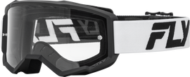 Fly Racing Focus goggle with white and black frame and clear lens, designed for motocross or off-road riding.