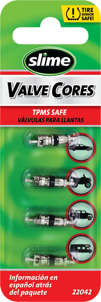 Set of four Slime short valve cores for tires and wheels, designed for easy replacement and secure sealing.