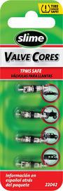 Set of four Slime short valve cores for tires and wheels, designed for easy replacement and secure sealing.