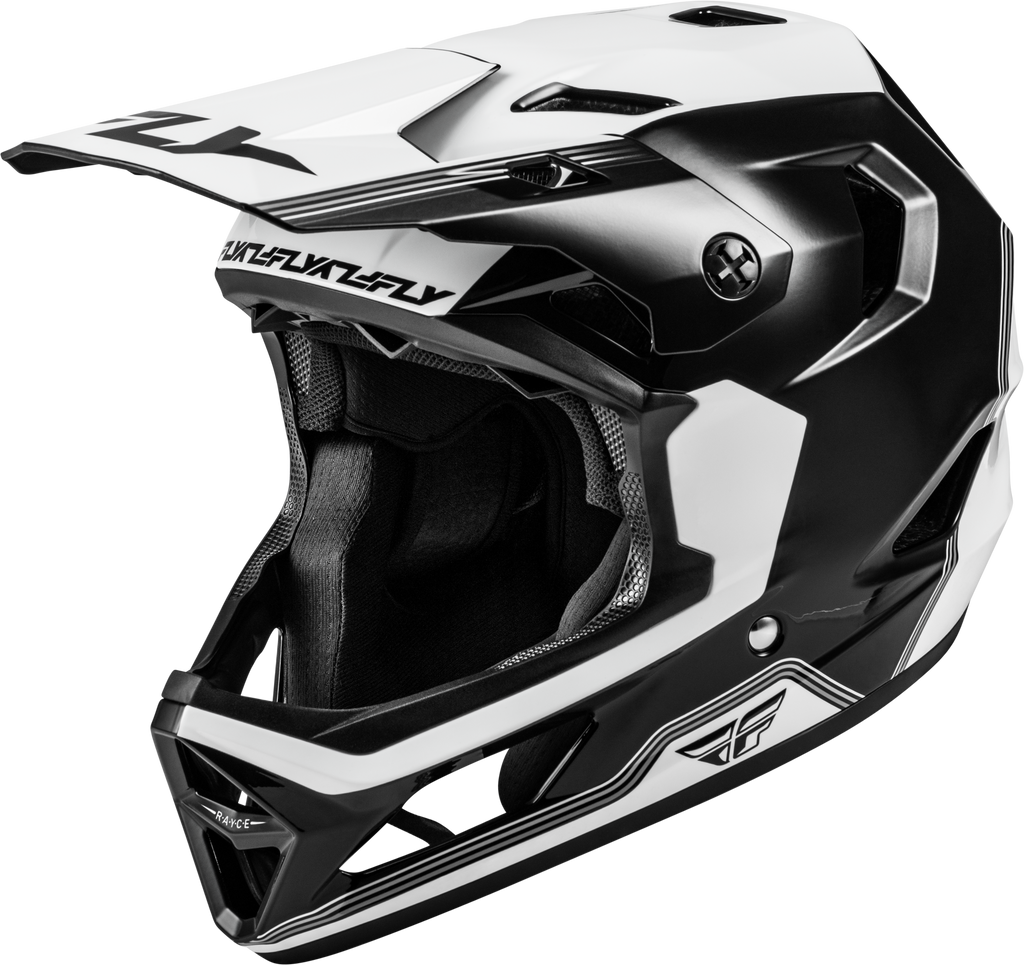 Fly Racing Yth Rayce Repeat bicycle helmet in black and white for youth, size YL, with adjustable straps and ventilation.