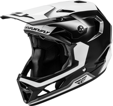 Load image into Gallery viewer, Fly Racing Yth Rayce Repeat bicycle helmet in black and white for youth, size YL, with adjustable straps and ventilation.