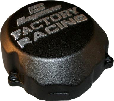 Boyesen Factory Racing Ignition Cover in black with embossed logo, designed for motorcycle engine protection and style.
