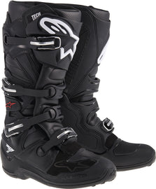 Black Alpine Star Tech 7 motocross boots size 11 with protective features and sturdy construction, shown from the side angle.