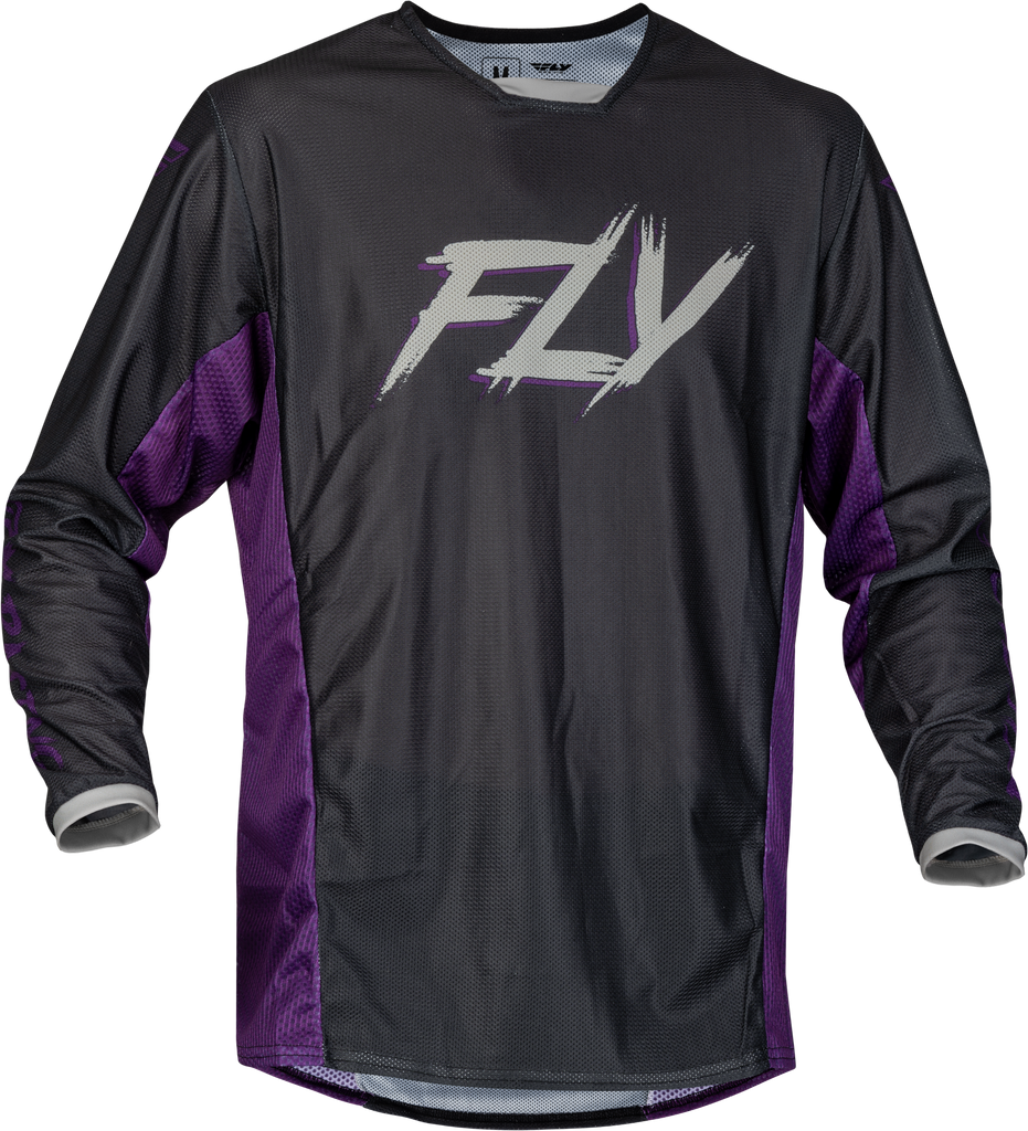 Fly Racing Kinetic Mesh Rave Jersey in black, purple, and silver with breathable mesh fabric and sporty design.
