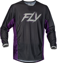 Load image into Gallery viewer, Fly Racing Kinetic Mesh Rave Jersey in black, purple, and silver with breathable mesh fabric and sporty design.