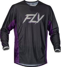 Fly Racing Kinetic Mesh Rave Jersey in black, purple, and silver with breathable mesh fabric and vibrant graphic design.