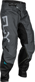 Fly Racing Kinetic Reload motocross pants in charcoal, black, and blue iridium, size 28, with protective features and durable fabric.