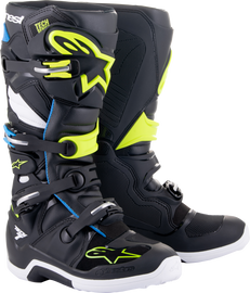 Alpine Star Tech 7 motocross boots in black, enamel blue, and fluorescent yellow, size 12, with sturdy design and protective features.