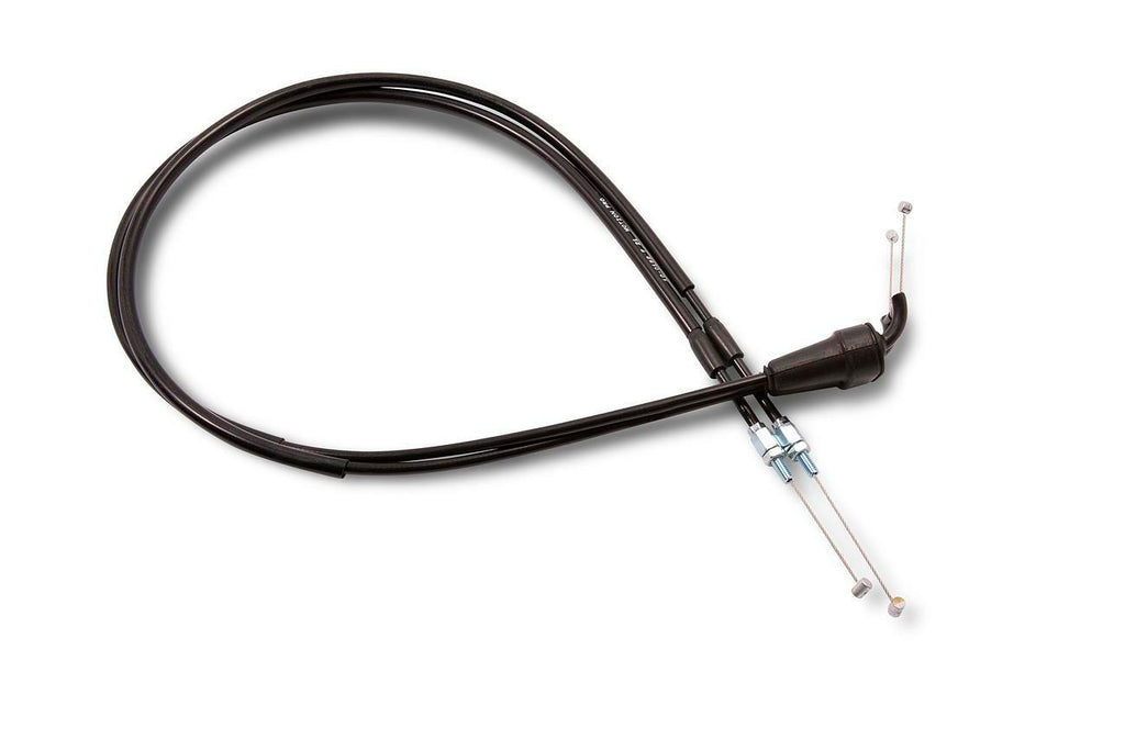 Motion Pro black vinyl throttle cable set for KTM and Husqvarna motorcycles, push-pull type, with cable and hydraulic control lines.